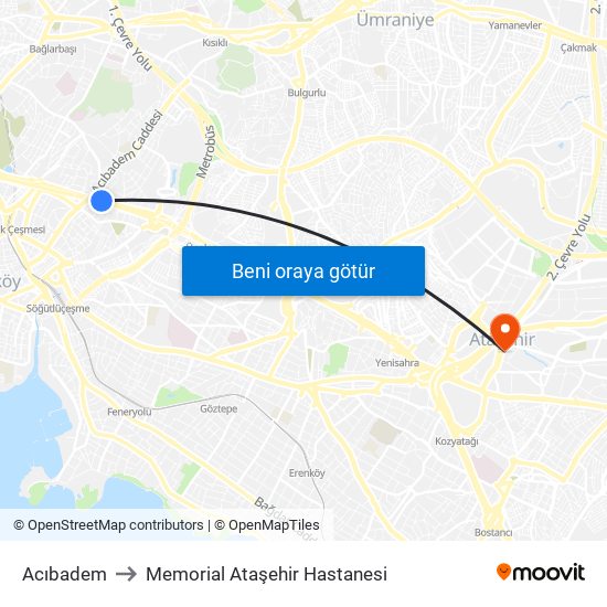 Acıbadem to Memorial Ataşehir Hastanesi map