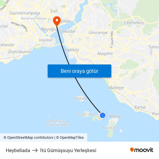 Heybeliada to İtü Gümüşsuyu Yerleşkesi map