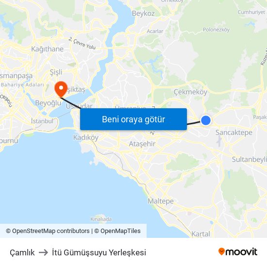 Çamlık to İtü Gümüşsuyu Yerleşkesi map