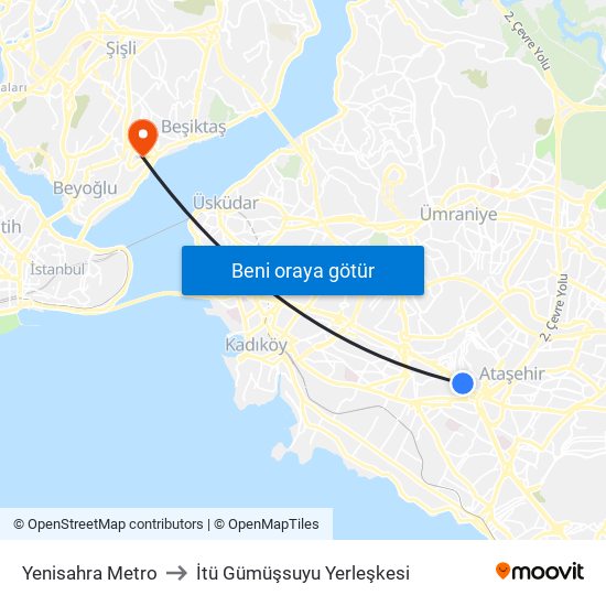 Yenisahra Metro to İtü Gümüşsuyu Yerleşkesi map