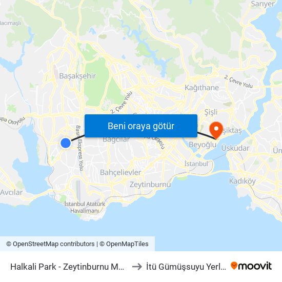 Halkali Park - Zeytinburnu Metro Yönü to İtü Gümüşsuyu Yerleşkesi map