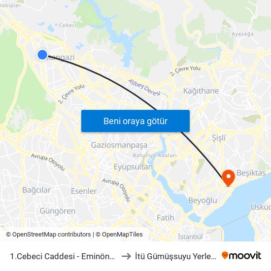 1.Cebeci Caddesi - Eminönü Yönü to İtü Gümüşsuyu Yerleşkesi map