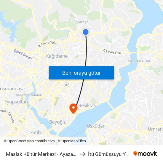 Maslak Kültür Merkezi - Ayazağaköyü Yönü to İtü Gümüşsuyu Yerleşkesi map