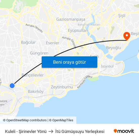 Kuleli - Şirinevler Yönü to İtü Gümüşsuyu Yerleşkesi map