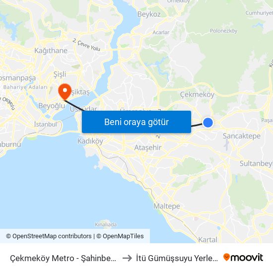 Çekmeköy Metro - Şahinbey Yönü to İtü Gümüşsuyu Yerleşkesi map