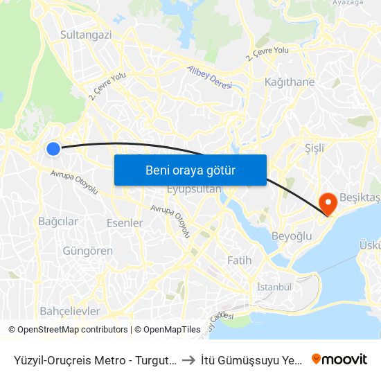 Yüzyil-Oruçreis Metro - Turgut Reis Yönü to İtü Gümüşsuyu Yerleşkesi map