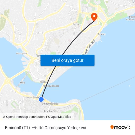 Eminönü (T1) to İtü Gümüşsuyu Yerleşkesi map