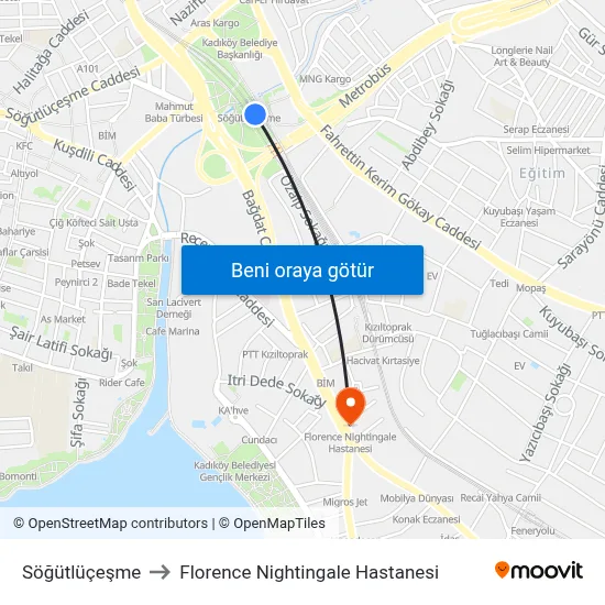Söğütlüçeşme to Florence Nightingale Hastanesi map