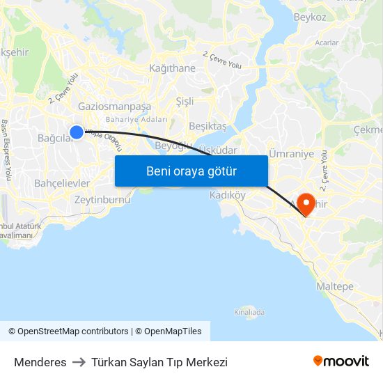 Menderes to Türkan Saylan Tıp Merkezi map