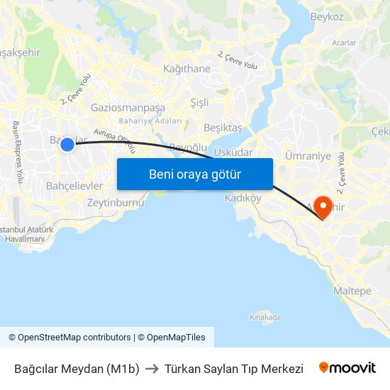 Bağcılar Meydan (M1b) to Türkan Saylan Tıp Merkezi map