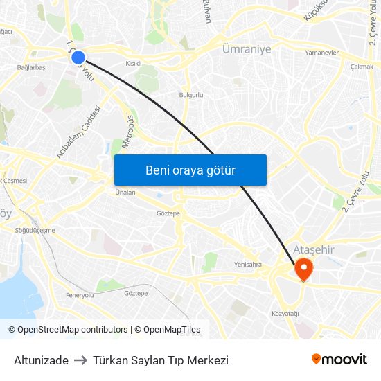 Altunizade to Türkan Saylan Tıp Merkezi map