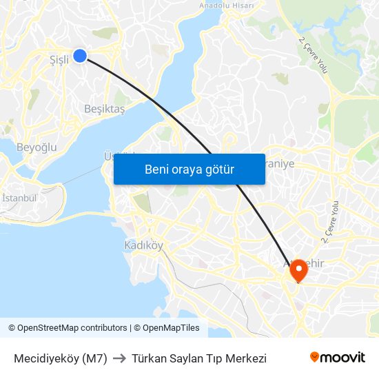 Mecidiyeköy (M7) to Türkan Saylan Tıp Merkezi map