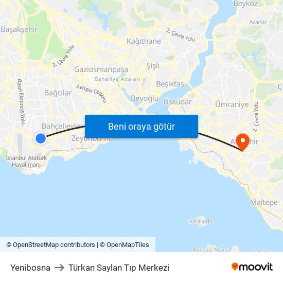 Yenibosna to Türkan Saylan Tıp Merkezi map