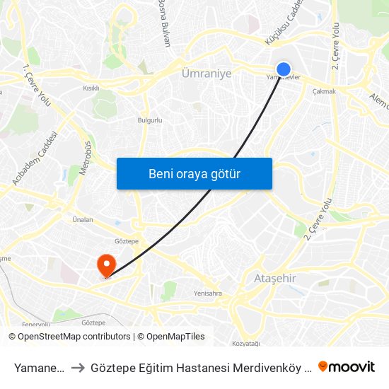 Yamanevler to Göztepe Eğitim Hastanesi Merdivenköy Polikliniği map