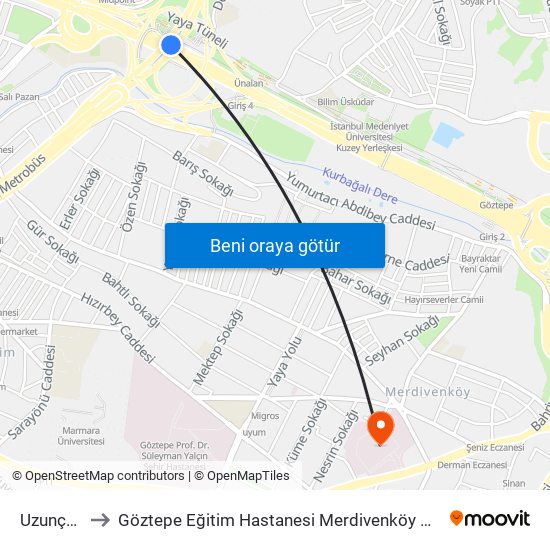 Uzunçayır to Göztepe Eğitim Hastanesi Merdivenköy Polikliniği map