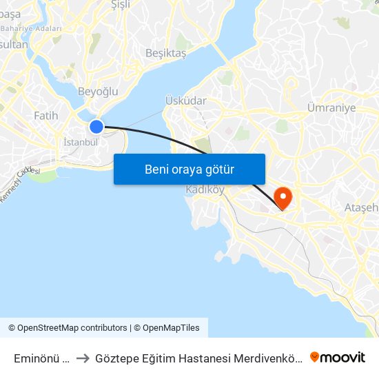 Eminönü (T1) to Göztepe Eğitim Hastanesi Merdivenköy Polikliniği map