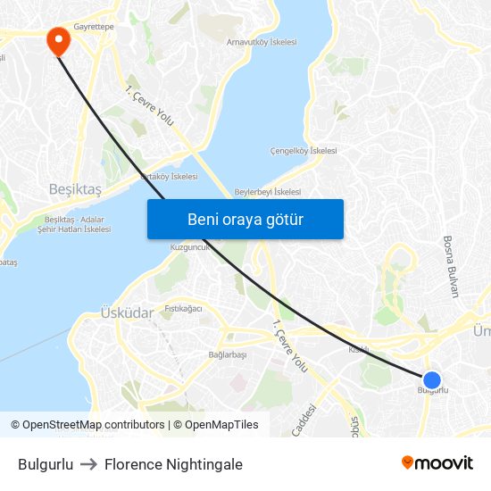 Bulgurlu to Florence Nightingale map