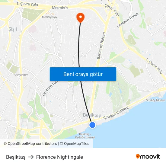 Beşiktaş to Florence Nightingale map