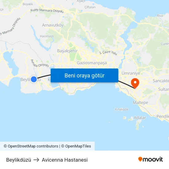 Beylikdüzü to Avicenna Hastanesi map