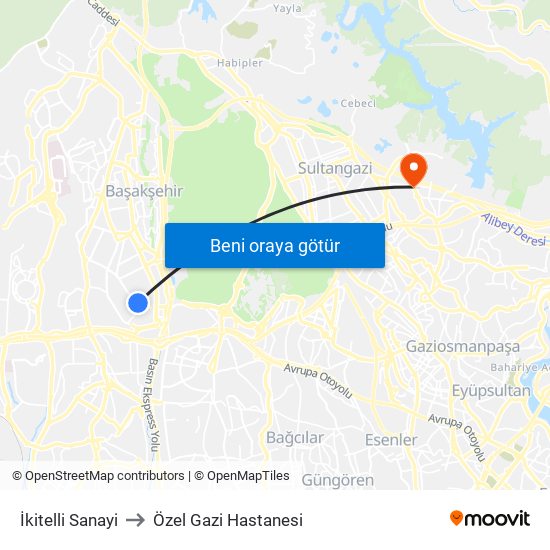 İkitelli Sanayi to Özel Gazi Hastanesi map