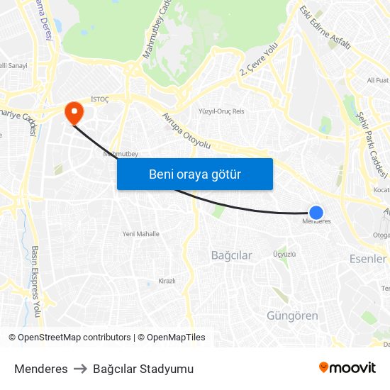 Menderes to Bağcılar Stadyumu map