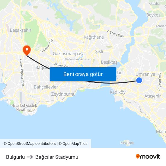 Bulgurlu to Bağcılar Stadyumu map