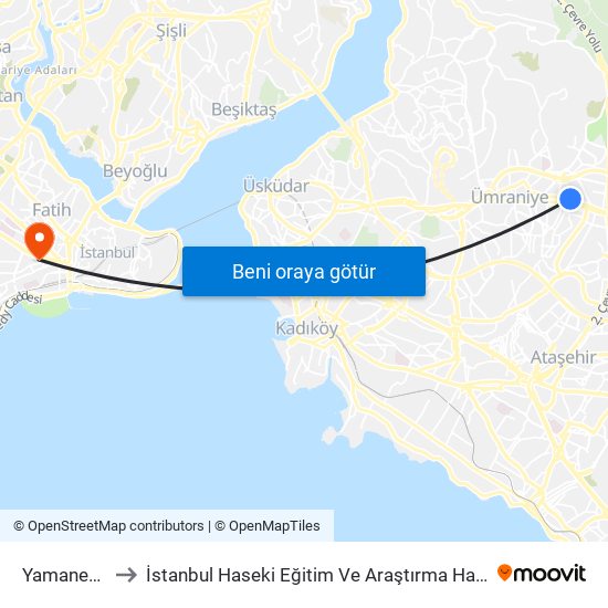 Yamanevler to İstanbul Haseki Eğitim Ve Araştırma Hastanesi map