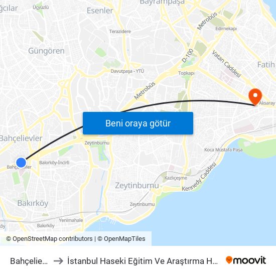 Bahçelievler to İstanbul Haseki Eğitim Ve Araştırma Hastanesi map