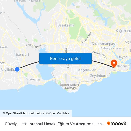 Güzelyurt to İstanbul Haseki Eğitim Ve Araştırma Hastanesi map