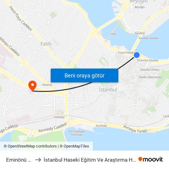 Eminönü (T1) to İstanbul Haseki Eğitim Ve Araştırma Hastanesi map