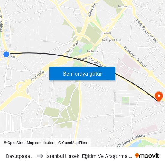 Davutpaşa - Ytü to İstanbul Haseki Eğitim Ve Araştırma Hastanesi map