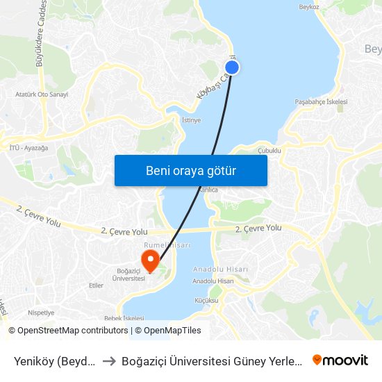 Yeniköy (Beyden) to Boğaziçi Üniversitesi Güney Yerleşkesi map