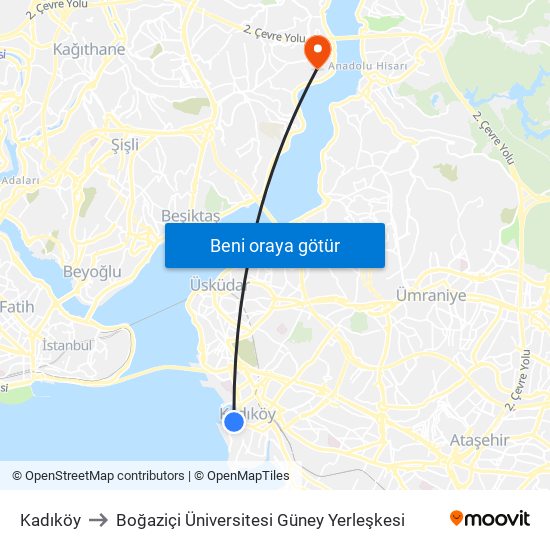 Kadıköy to Boğaziçi Üniversitesi Güney Yerleşkesi map