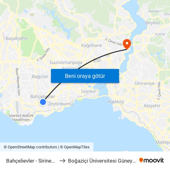 Bahçelievler - Sirinevler Yönü to Boğaziçi Üniversitesi Güney Yerleşkesi map