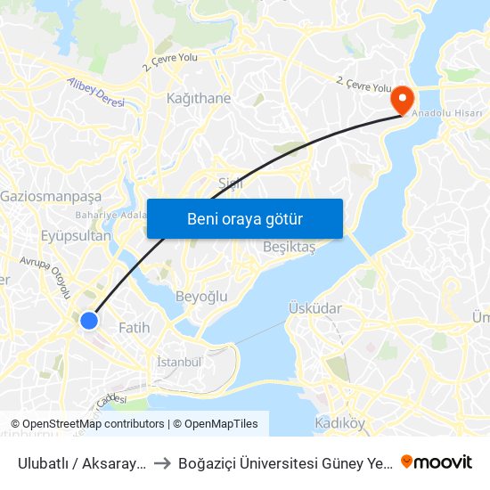 Ulubatlı / Aksaray Yönü to Boğaziçi Üniversitesi Güney Yerleşkesi map