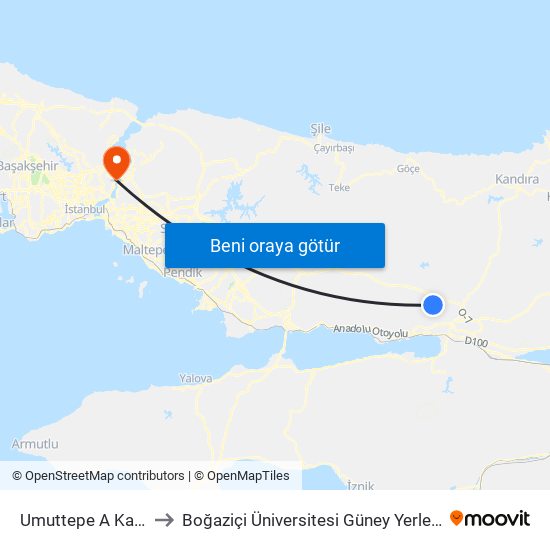 Umuttepe A Kapısı to Boğaziçi Üniversitesi Güney Yerleşkesi map