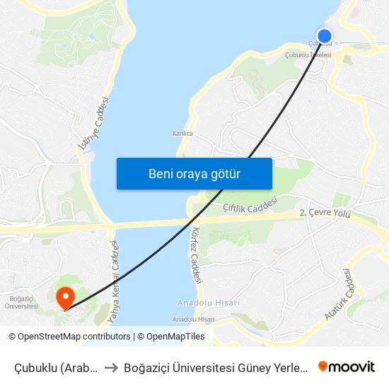 Çubuklu (Arabalı) to Boğaziçi Üniversitesi Güney Yerleşkesi map