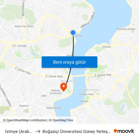 İstinye (Arabalı) to Boğaziçi Üniversitesi Güney Yerleşkesi map