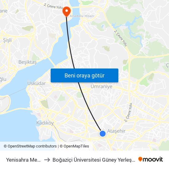 Yenisahra Metro to Boğaziçi Üniversitesi Güney Yerleşkesi map