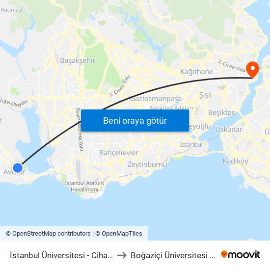 İstanbul Üniversitesi - Cihangir Mahallesi Yönü to Boğaziçi Üniversitesi Güney Yerleşkesi map