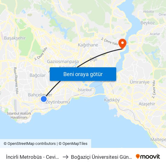 İncirli Metrobüs - Cevizlibağ Yönü to Boğaziçi Üniversitesi Güney Yerleşkesi map