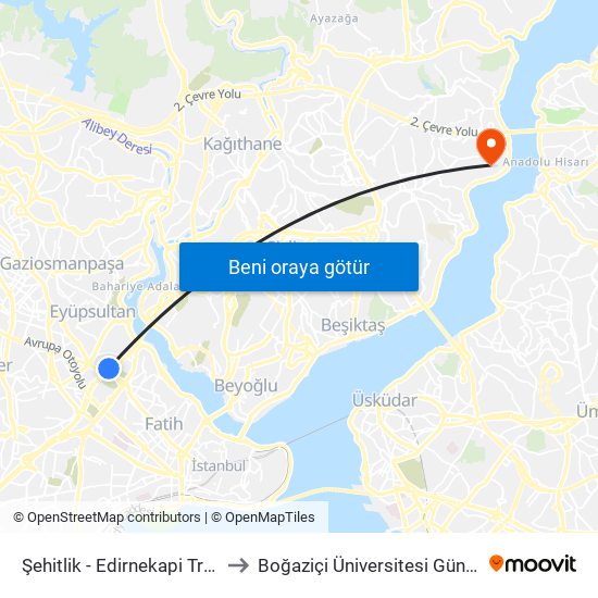 Şehitlik  - Edirnekapi Tramvay Yönü to Boğaziçi Üniversitesi Güney Yerleşkesi map