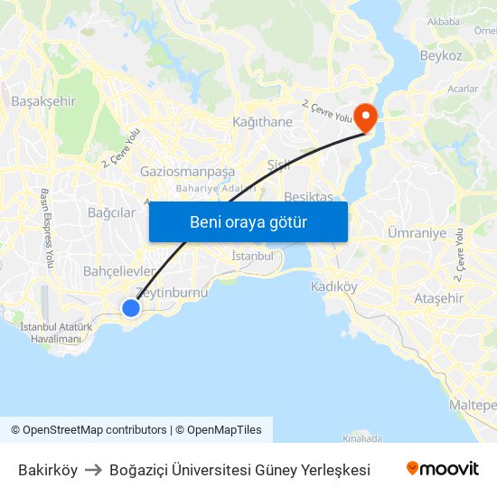 Bakirköy to Boğaziçi Üniversitesi Güney Yerleşkesi map