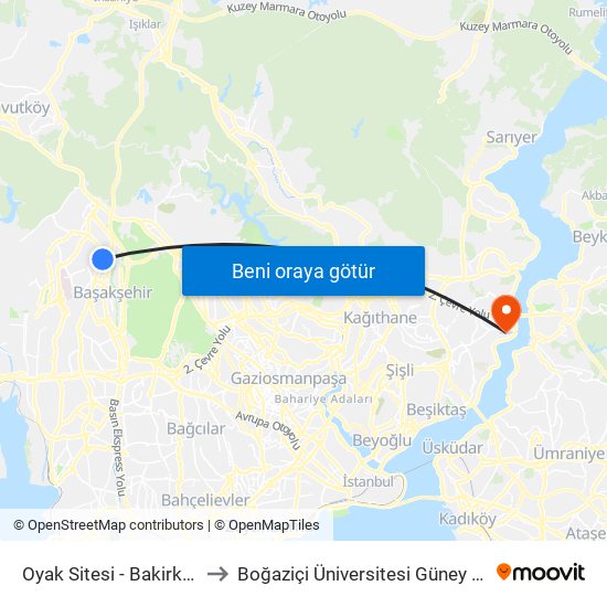 Oyak Sitesi - Bakirköy Yönü to Boğaziçi Üniversitesi Güney Yerleşkesi map