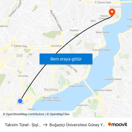 Taksim Tünel  - Şişli Yönü to Boğaziçi Üniversitesi Güney Yerleşkesi map