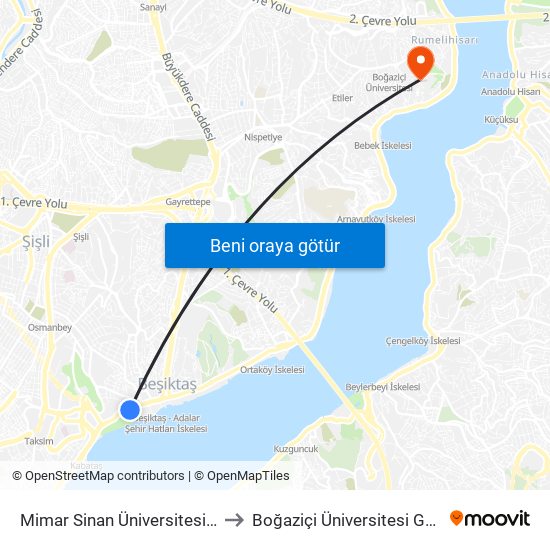 Mimar Sinan Üniversitesi - Ortaköy Yönü to Boğaziçi Üniversitesi Güney Yerleşkesi map