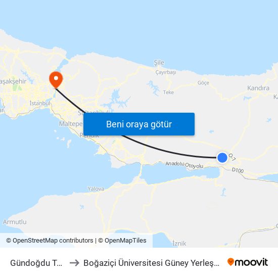 Gündoğdu Toki to Boğaziçi Üniversitesi Güney Yerleşkesi map