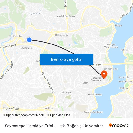 Seyrantepe Hamidiye Etfal Hastanesi - Levent Yönü to Boğaziçi Üniversitesi Güney Yerleşkesi map