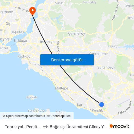 Toprakyol - Pendik Yönü to Boğaziçi Üniversitesi Güney Yerleşkesi map