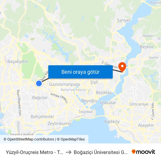 Yüzyil-Oruçreis Metro - Turgut Reis Yönü to Boğaziçi Üniversitesi Güney Yerleşkesi map